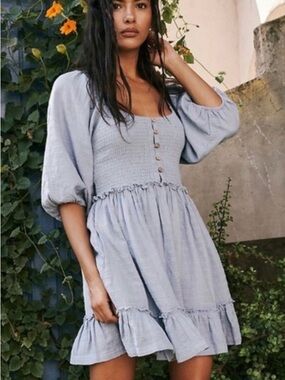 NWT FREE PEOPLE Smocked Puff-Sleeve Mini Dress in Light Blue